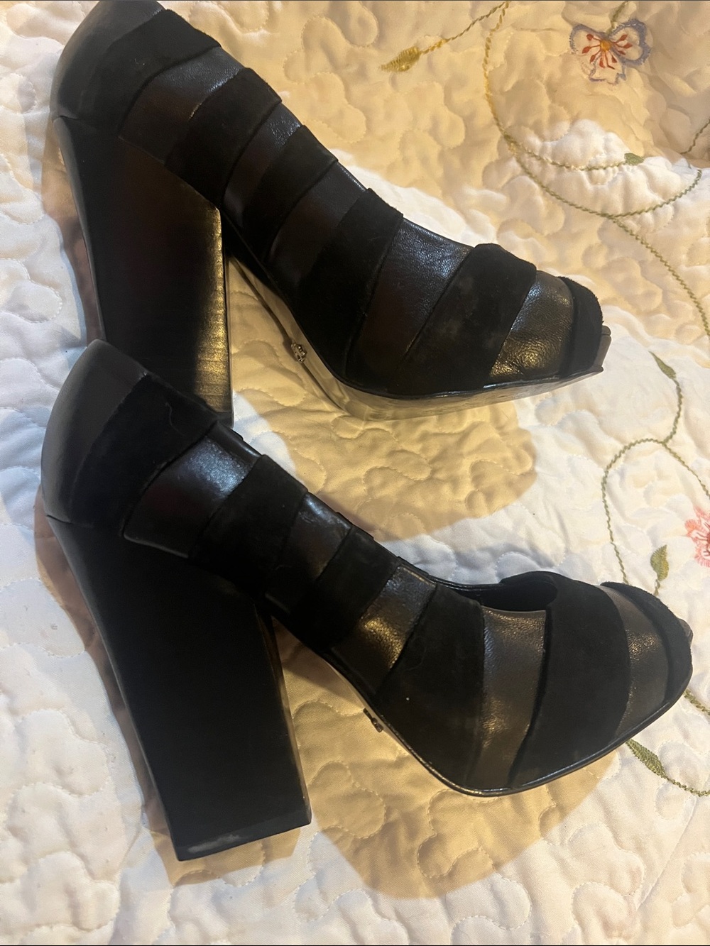 Fergie Black Block Heel Peep-Toe Sandals